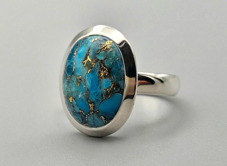 Zilveren ring met edelsteen koper turkooise. 2024/Z81., Handtassen en Accessoires, Antieke sieraden, Ring, Zilver, Met edelsteen