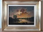 Vintage schilderij zonsondergang schilderij F. Caal..57x47cm, Antiek en Kunst, Ophalen of Verzenden