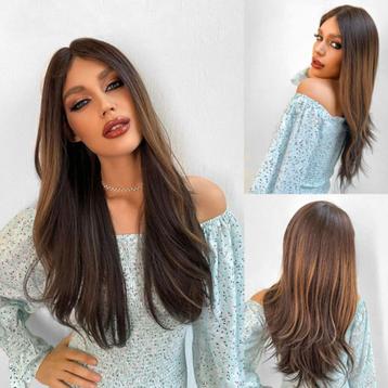 Swiss lace front pruik lang donkerbruin haar met highlights  beschikbaar voor biedingen