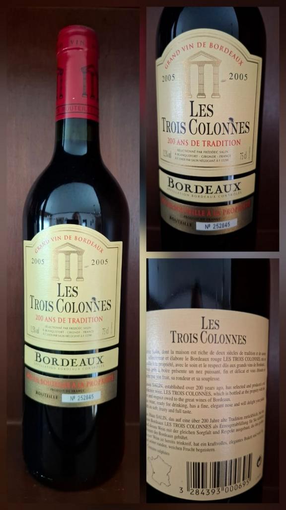 Les Trois Colonnes Bordeaux 2005 AOC, Verzamelen, Wijnen, Zo goed als nieuw, Rode wijn, Vol, Ophalen of Verzenden