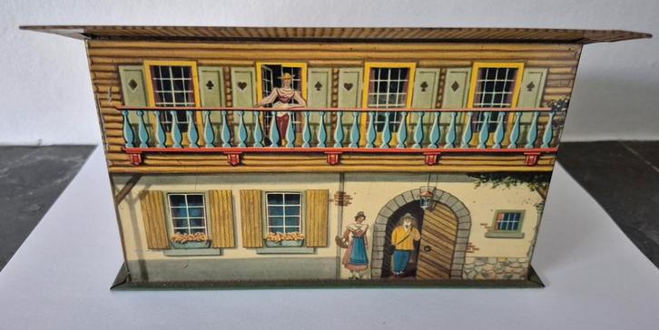 Boîte à biscuits ancienne Parein « chalet », Collections, Boîte en métal, Utilisé, Enlèvement ou Envoi
