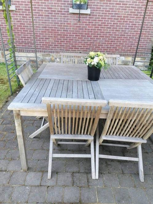 Tafel en stoelen in teakhout, Tuin en Terras, Tuinsets en Loungesets, Gebruikt, Loungeset, Teakhout, 6 zitplaatsen, Eettafel, Stoel