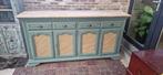 Groot dressoir olijfgroen, rotan & whitewashed blad, Eikenhout, Ophalen of Verzenden, 200 cm of meer, Met deur(en)
