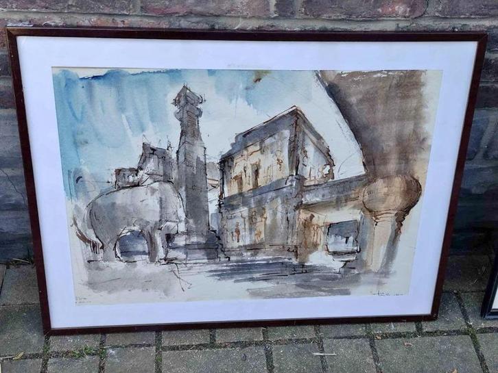 Aquarelle Elora a caves signe José van gucht, Antiek en Kunst, Kunst | Schilderijen | Klassiek, Ophalen of Verzenden