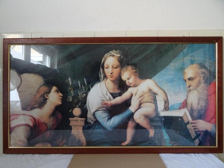 Antieke religieuze prent in vintage houten lijst 106x56 cm, Antiek en Kunst, Antiek | Religieuze voorwerpen, Ophalen of Verzenden