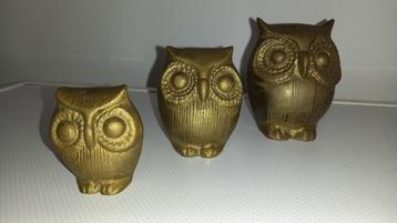 Serie van 3 uilen in messing of koper beschikbaar voor biedingen
