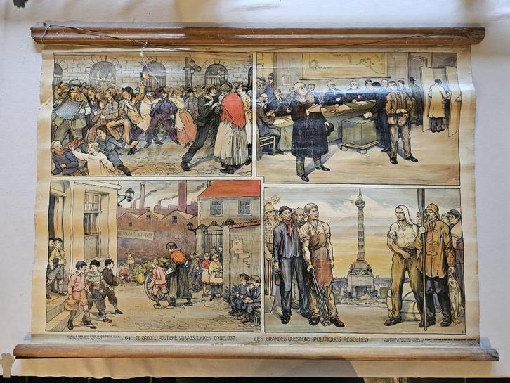 Schoolplaat "de groote politieke vraagstukken opgelost", Antiek en Kunst, Antiek | Schoolplaten, Geschiedenis, Ophalen of Verzenden