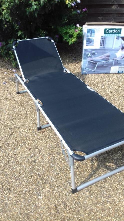 Aluminium ligstoel met zonnedak, Jardin & Terrasse, Chaises longues, Comme neuf, Aluminium, Réglable, Enlèvement