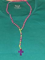 Halsketting met rozenkrans roze paarse kruiskralen, Handtassen en Accessoires, Kettingen, Nieuw, Kunststof, Ophalen of Verzenden