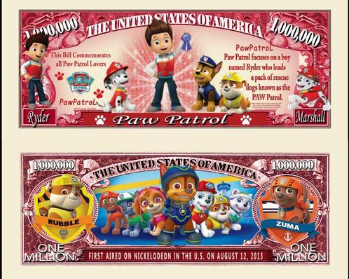 USA 1 million $ bankbiljet 'Paw Patrol' - Animation Legends, Timbres & Monnaies, Billets de banque | Amérique, Billets en vrac