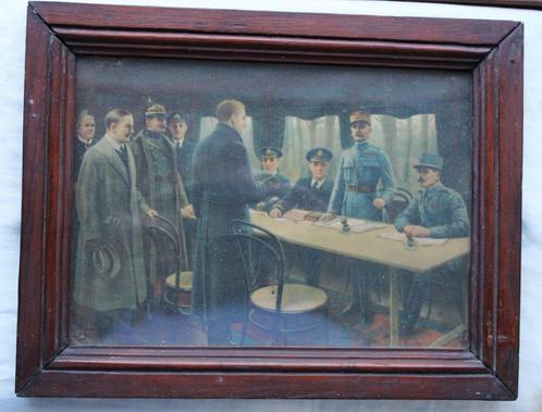 Antiek kadertje met fotoprent ~~Ondertekening Einde W.O.1~~, Verzamelen, Militaria | Algemeen, Landmacht, Foto of Poster, Ophalen of Verzenden