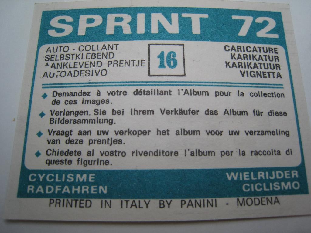 Panini Sprint 1972 Nr 16 Karikatuur, Verzenden, Zo goed als nieuw, Sticker