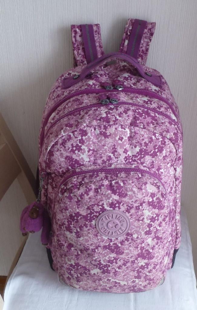Kipling gd sac à dos "seoul" rose et mauve à fleurs + singe, 25 à 40 cm, Kipling, Enlèvement ou Envoi, Étanche