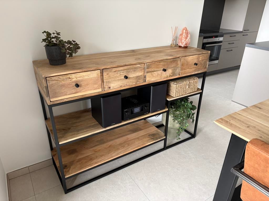 Buffet structure acier et bois teck, Huis en Inrichting, Tafels | Sidetables, Ophalen, Zo goed als nieuw, Teakhout
