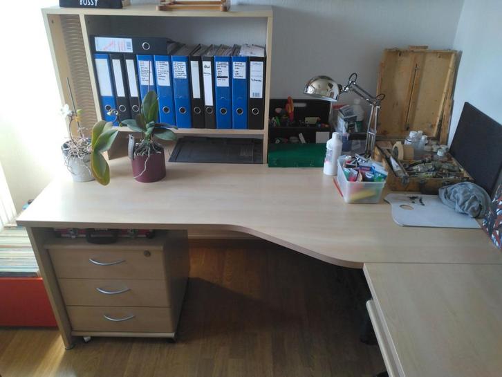 Modern hoekbureau, Huis en Inrichting, Bureaus, Gebruikt, Hoekbureau, Modern, Hout, Beige, Demontabel, Met lades, Opbergruimte