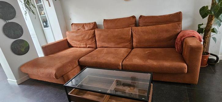DESIGN Zetel hoeksalon cognac, Maison & Meubles, Canapés | Salons, Comme neuf, Banc d'angle, Quatre personnes ou plus, 300 cm ou plus