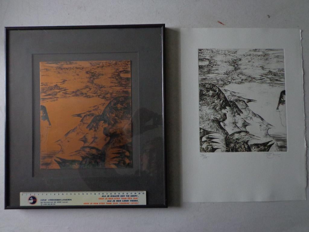 koperen etsplaat Frans Minnaert + surrealistische ets, Ophalen, Mythologie, Gesigneerd, 1950 - 1999