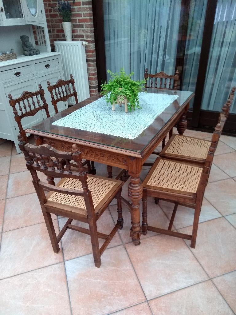 Tafel en 6 stoelen, Ophalen, Gebruikt, 100 tot 150 cm, 50 tot 100 cm