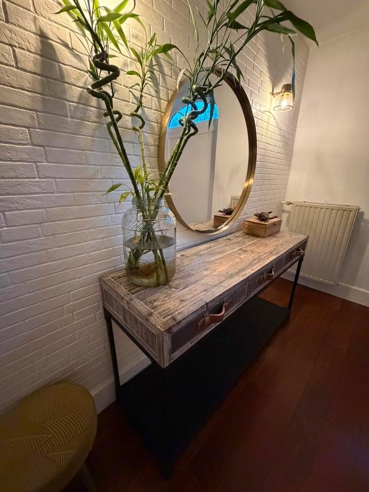 Meuble d’entrée style industriel bois & métal/ poignées cuir, Maison & Meubles, Tables | Dessertes, Utilisé, Métal, Enlèvement