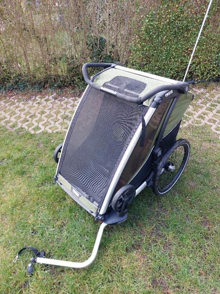 Fietskar Thule Charriot Cab double, Fietsen en Brommers, Fietsaccessoires | Aanhangwagens en Karren, Gebruikt, Kinderkar, Vering