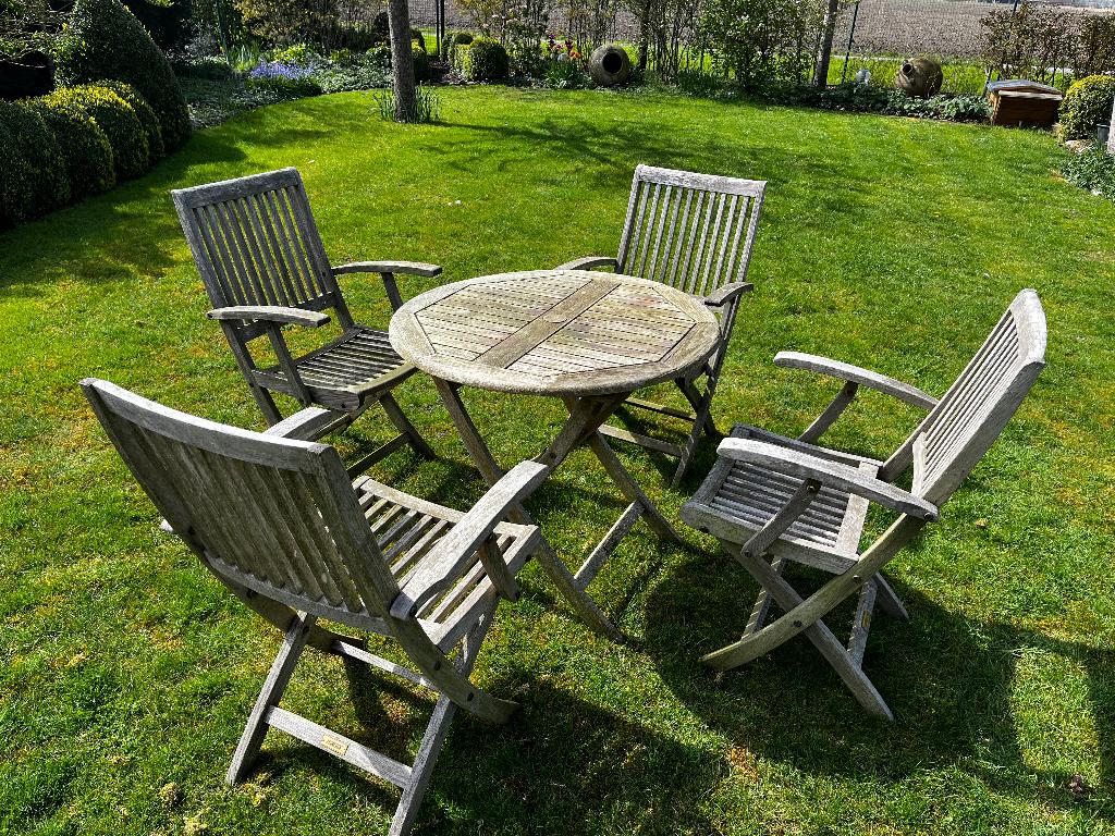 TUINMEUBELSET IN TEAK, Tuin en Terras, Tuinstoelen, Gebruikt, Teakhout, Stapelbaar, Ophalen