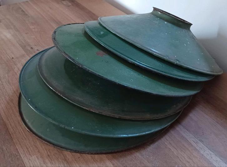 6x industriële emaille groene schotellampen, Huis en Inrichting, Lampen | Hanglampen, Gebruikt, Metaal, Ophalen of Verzenden
