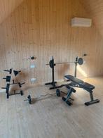 Benchpress bankdruk met toebehoren 120kg gewichten, Ophalen, Zo goed als nieuw