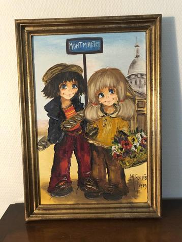 schilderijtje  2 kinderfiguren  jaren '70 beschikbaar voor biedingen