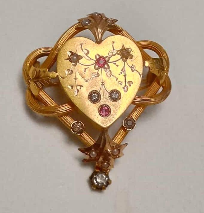 Prachtige antieke gouden Art Nouveau broche uit erfenis., Bijoux, Sacs & Beauté, Broches, Comme neuf, Or, Or, Moins de 4 cm, Avec pierre précieuse