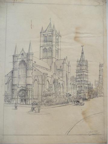 De drie torens van GENT ca 1919 potlood en krijt, gesigneerd beschikbaar voor biedingen