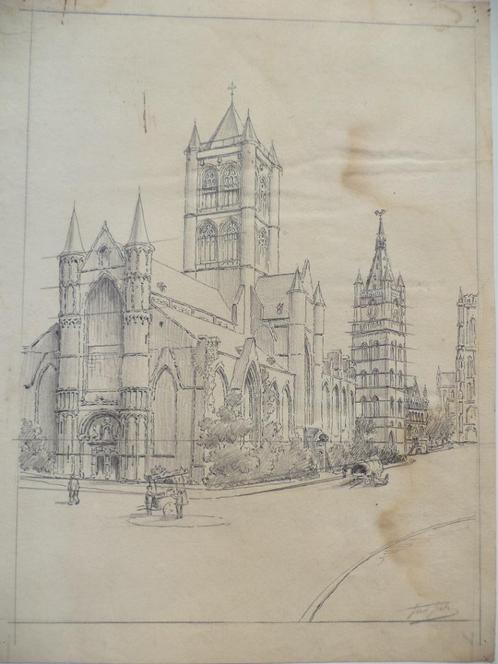 De drie torens van GENT ca 1919 potlood en krijt, gesigneerd, Antiek en Kunst, Kunst | Tekeningen en Fotografie, Ophalen of Verzenden