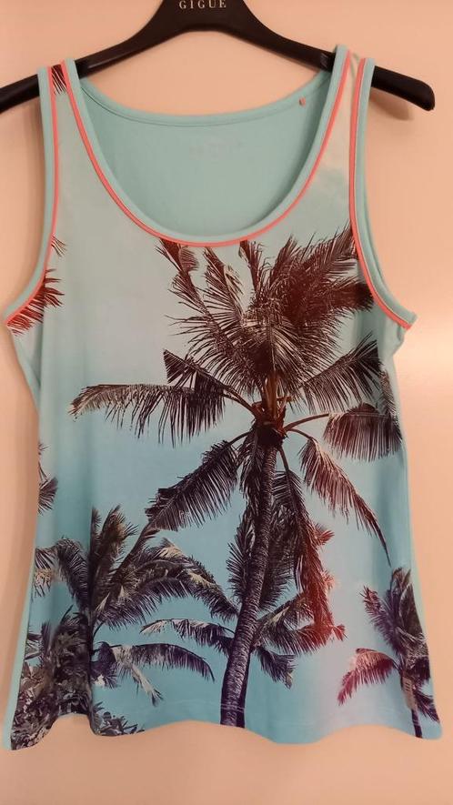 Turquoise topje met palmbomen Esprit maat S, Kleding | Dames, Topjes, Zo goed als nieuw, Maat 36 (S), Overige kleuren, Zonder mouw