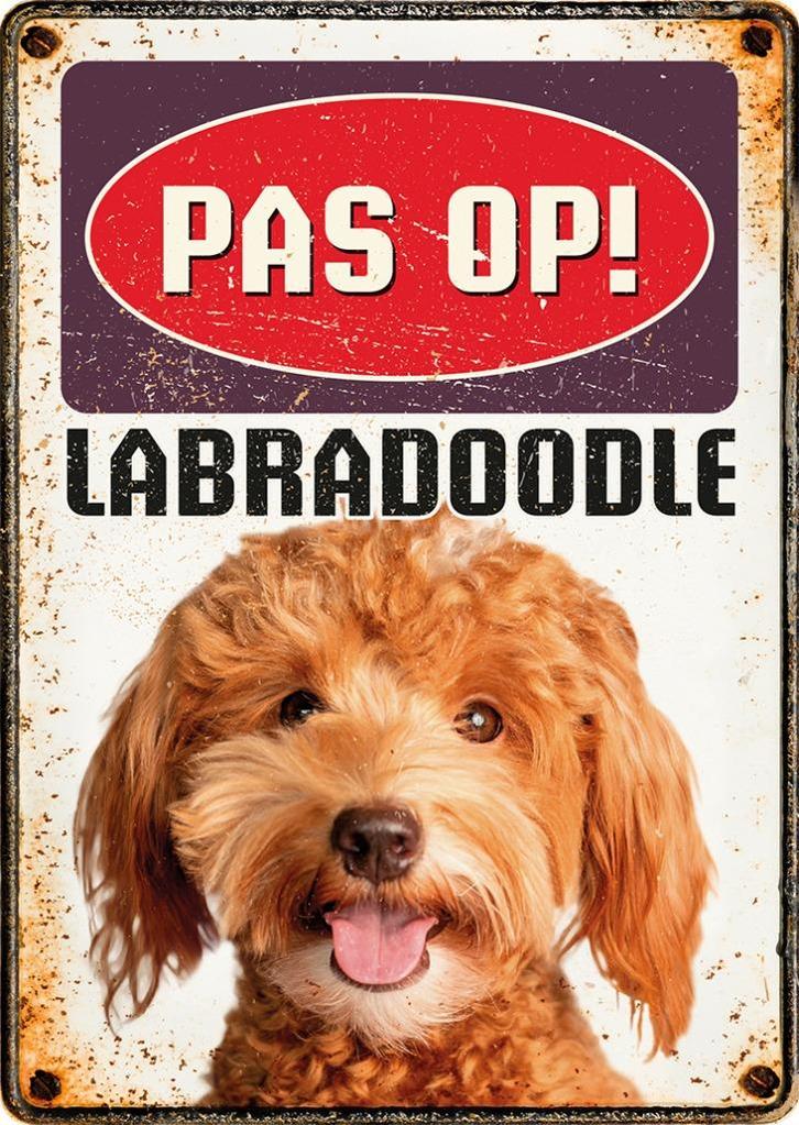 Metalen waakbord Pas op: Labradoodle!, Tuin en Terras, Tuinwanddecoratie, Nieuw, Ophalen of Verzenden