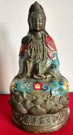 Statuette Signée de Kwan Yin en Bronze Cloisonné - 1960, Antiquités & Art, Enlèvement ou Envoi