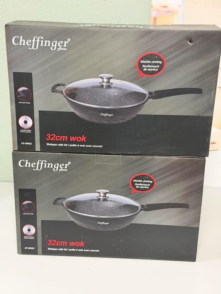 Cheffinger Wokpan wok-pan XL 32 cm met Deksel Inductie Nieuw, Huis en Inrichting, Keuken | Potten en Pannen, Nieuw, Wok, Aluminium