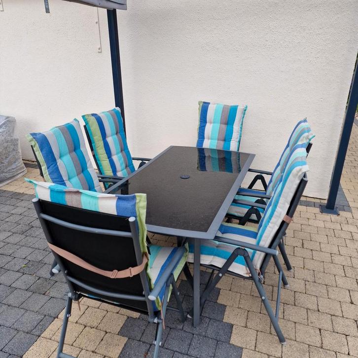 Compleet terrasmeubilair te koop, Tuin en Terras, Tuinsets en Loungesets, Gebruikt, Loungeset, Aluminium, 7 zitplaatsen, Eettafel