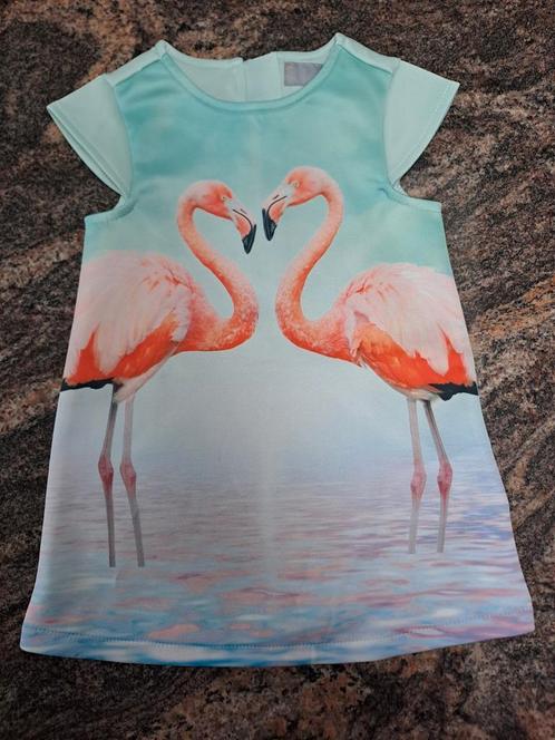 Mt 80 Pastelturqoise jurkje 2 flamingo's, Kinderen en Baby's, Babykleding | Maat 80, Zo goed als nieuw, Meisje, Jurkje of Rokje