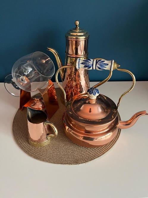 set koperen koffiepotten, melkkan en cognacglas, Antiek en Kunst, Antiek | Brons en Koper, Koper, Ophalen