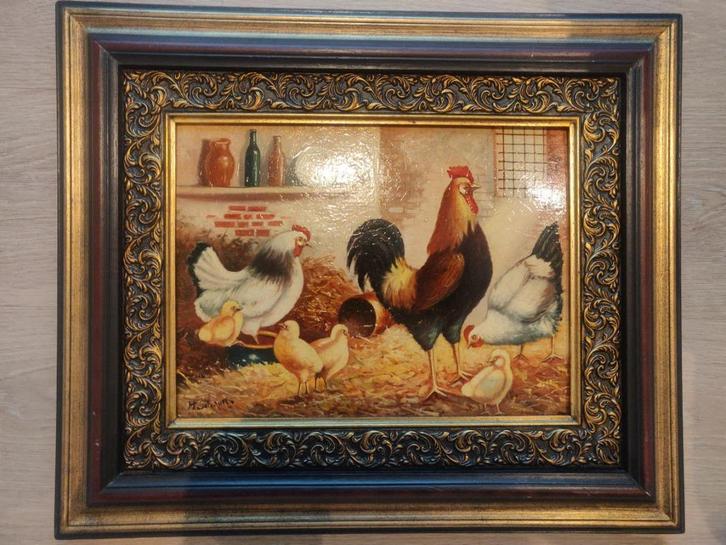Kunstwerk boerderijtafereeltje kippen, Antiek en Kunst, Kunst | Schilderijen | Klassiek, Ophalen