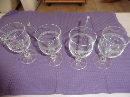 Lot de 4 verres à grogs + 4 cuillères mélangeuses en verre, Antiquités & Art, Antiquités | Verre & Cristal, Enlèvement