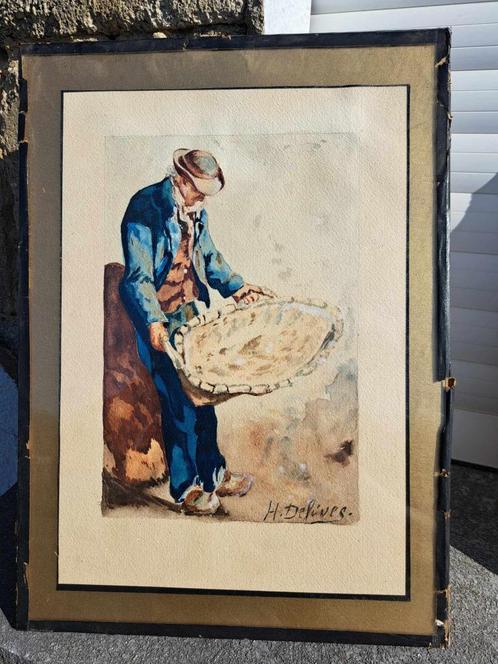 aquarelle signe h defives, Antiek en Kunst, Kunst | Schilderijen | Klassiek, Ophalen of Verzenden