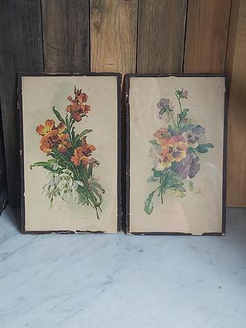 2 mooie ingelijste oude bloemen litho's gesigneerd C Klein beschikbaar voor biedingen