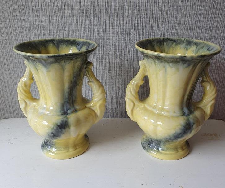 2 vintage Art Deco vazen met opvallende 2-kleurige glazuur, Antiek en Kunst, Curiosa en Brocante, Ophalen of Verzenden