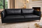 Zwarte lederen 4-zit zetel + voetenbank, Huis en Inrichting, Ophalen