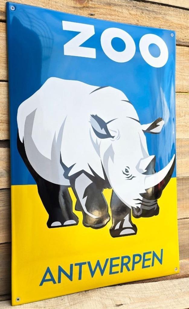 Zoo antwerpen neushoorn  dolfijn emaillen retro reclame bord, Collections, Marques & Objets publicitaires, Comme neuf, Panneau publicitaire