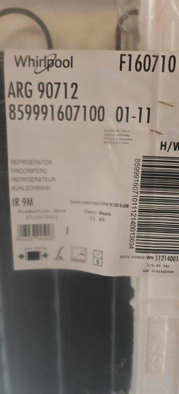 Frigo encastrable Whirlpool ARG 90712, Electroménager, Neuf, 85 à 120 cm, Sans bac à congélation, Enlèvement