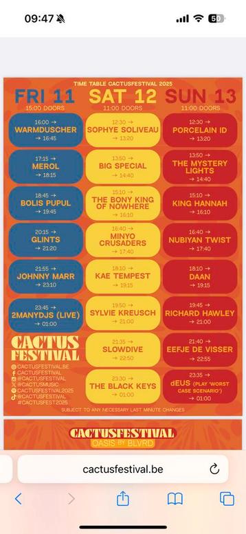 Cactus festival 2 dagtickets voor vrijdag 11/07/2025 te koop beschikbaar voor biedingen