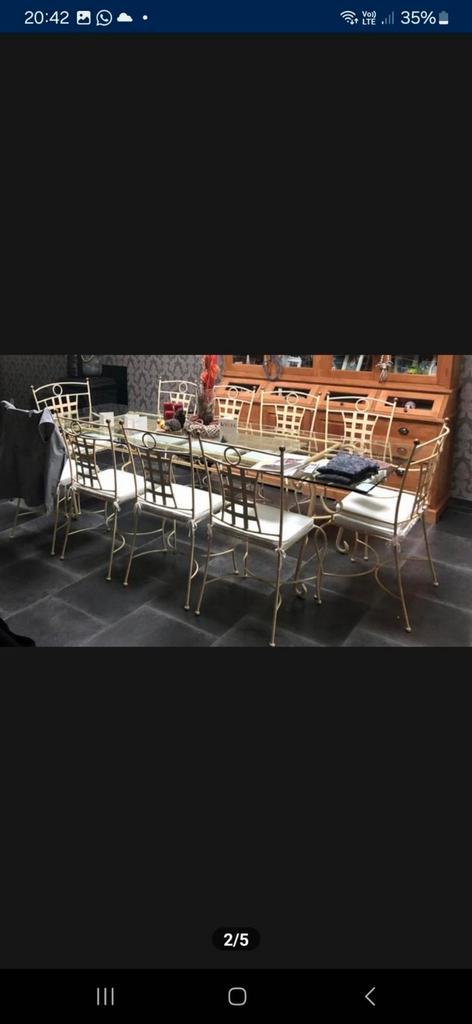 Rustieke smeedijzeren terras- veranda tafel met 10 stoelen, Tuin en Terras, Tuinsets en Loungesets, Ophalen