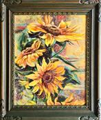 Olieverf op paneel:  Zonnebloemen.  64x52cm, Ophalen