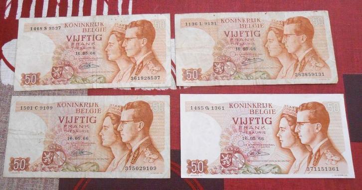 4 biljetten van 50 Belgische frank - 1966, Postzegels en Munten, Munten | België, Losse munt, Papier, Ophalen of Verzenden